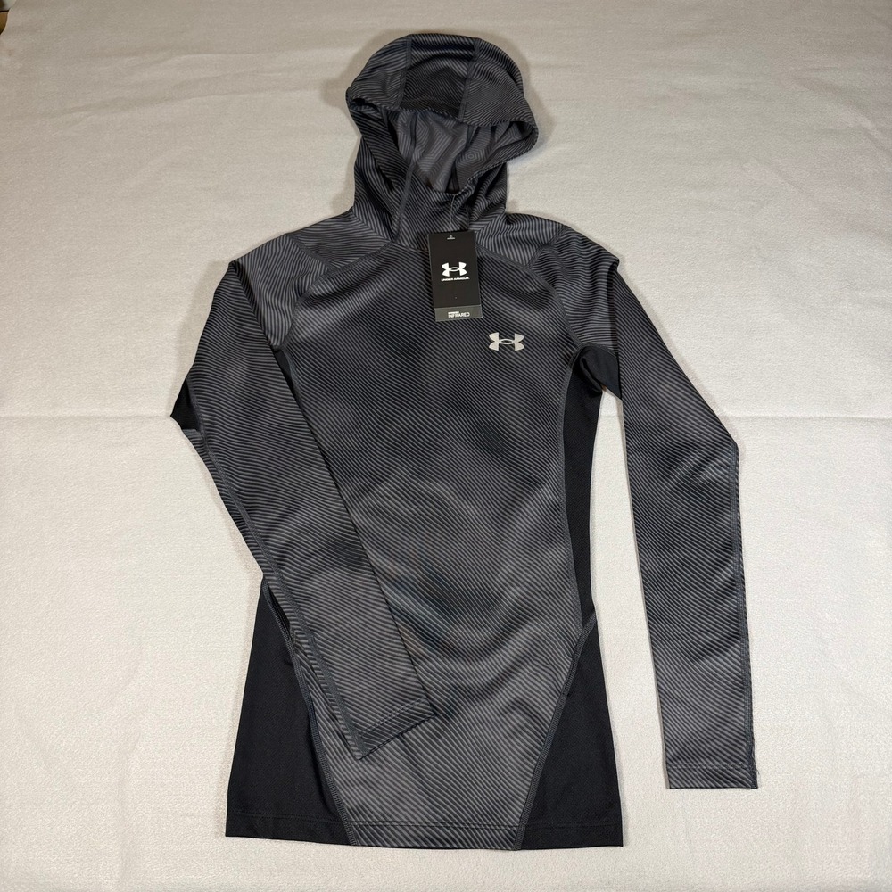 Under Armour ColdGear Infrared Compression Hoodie Small Black Grey Stripe NWT